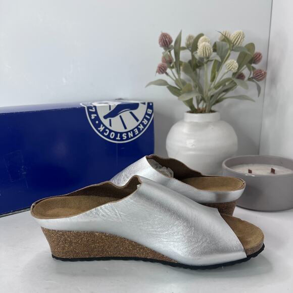 Papillio Birkenstock Debby Slip On Wedge Silver Metallic Women 7/EU38 Tried On - Picture 6 of 12